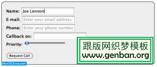显示下列文本输入字段：Name、Email、Phone、Callback on 和 Priority。Name 字段具有姓名 Joe Lennon。Email 和 Phone 字段具有灰色占位符文本。底部的按钮为‘Request call。’