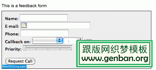 类似于图 1 的反馈表格，但是包含添加的功能，例如 'Email' 标签旁边的电子邮件图标，针对标签 'Callback on:' 的 datetime 字段以及 'Priority' 标签的范围。